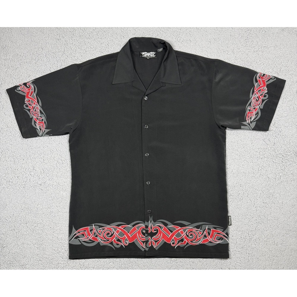 VTG Dragonfly Shirt Mens XL Black Tribal Border Short Sleeve Button Up Graphic